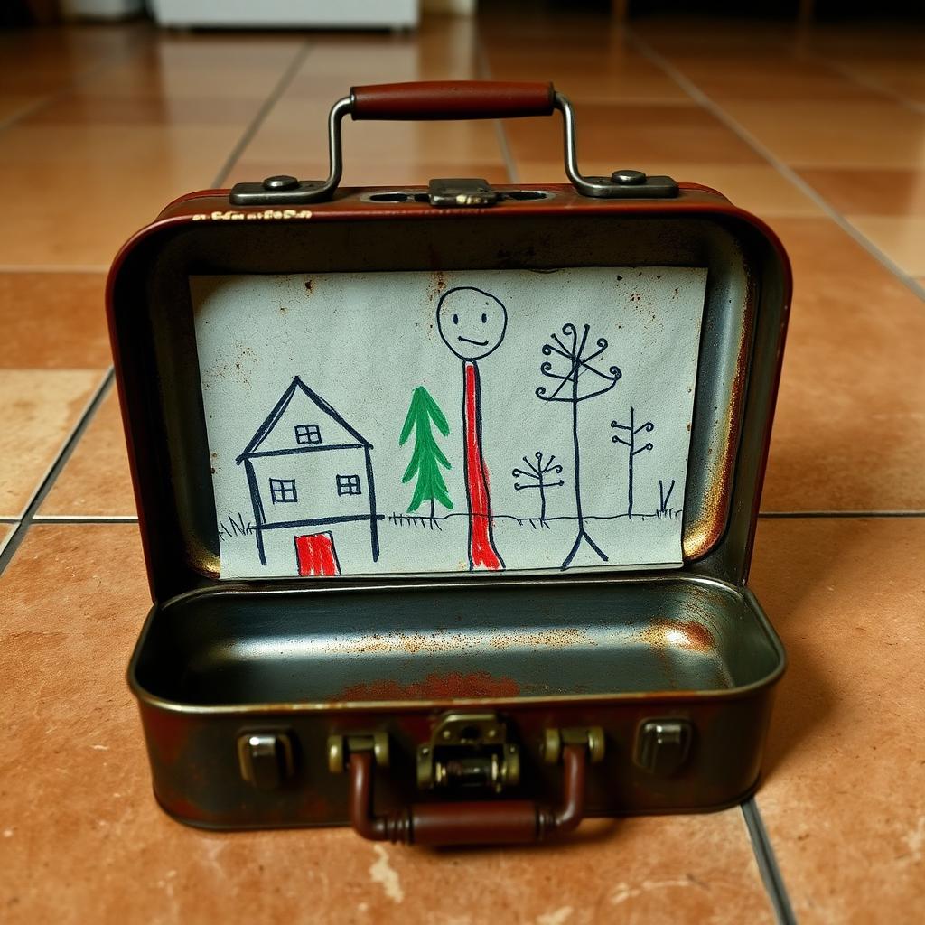 Vintage tin lunchbox with crayon drawings