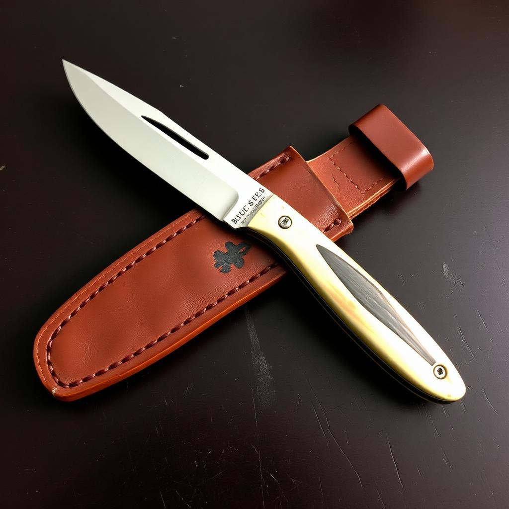 Vintage Buck-style hunting knife with sheath