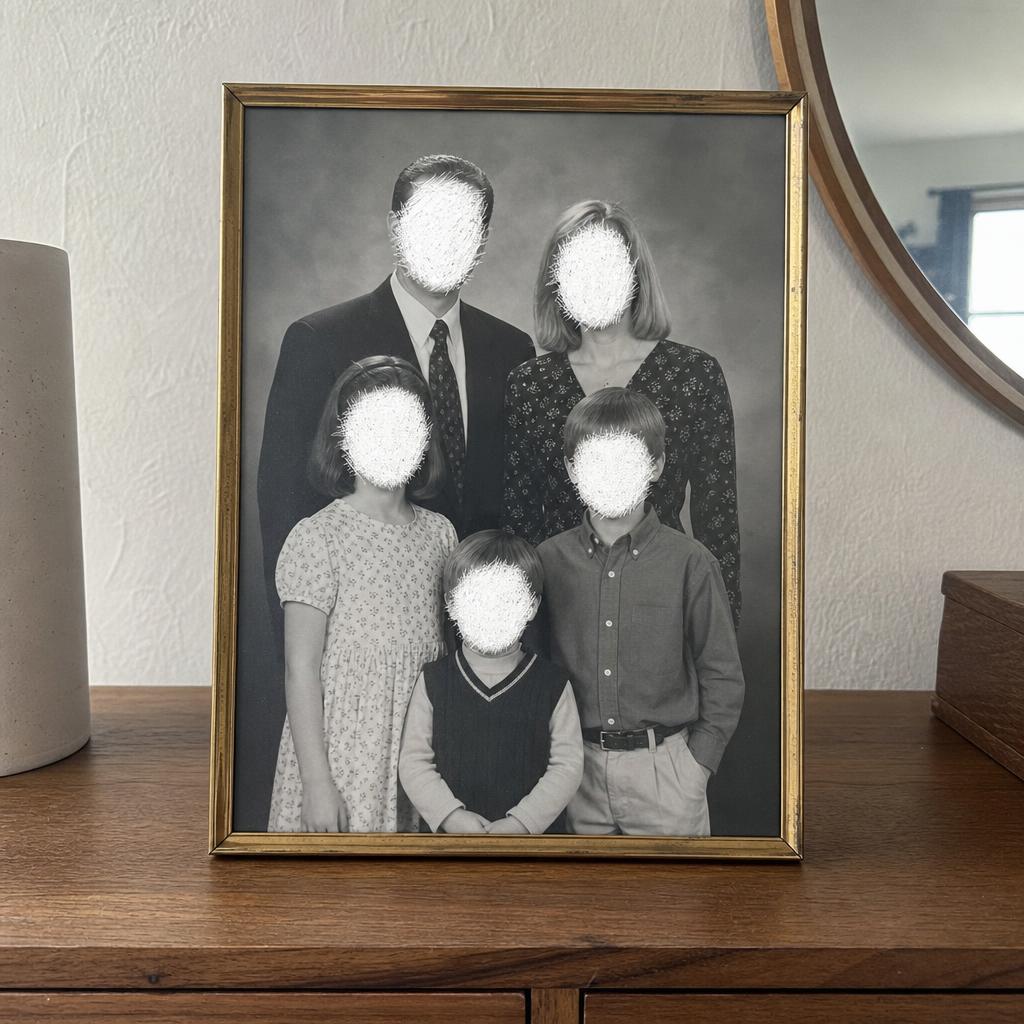 Framed family photo, faces scratched out